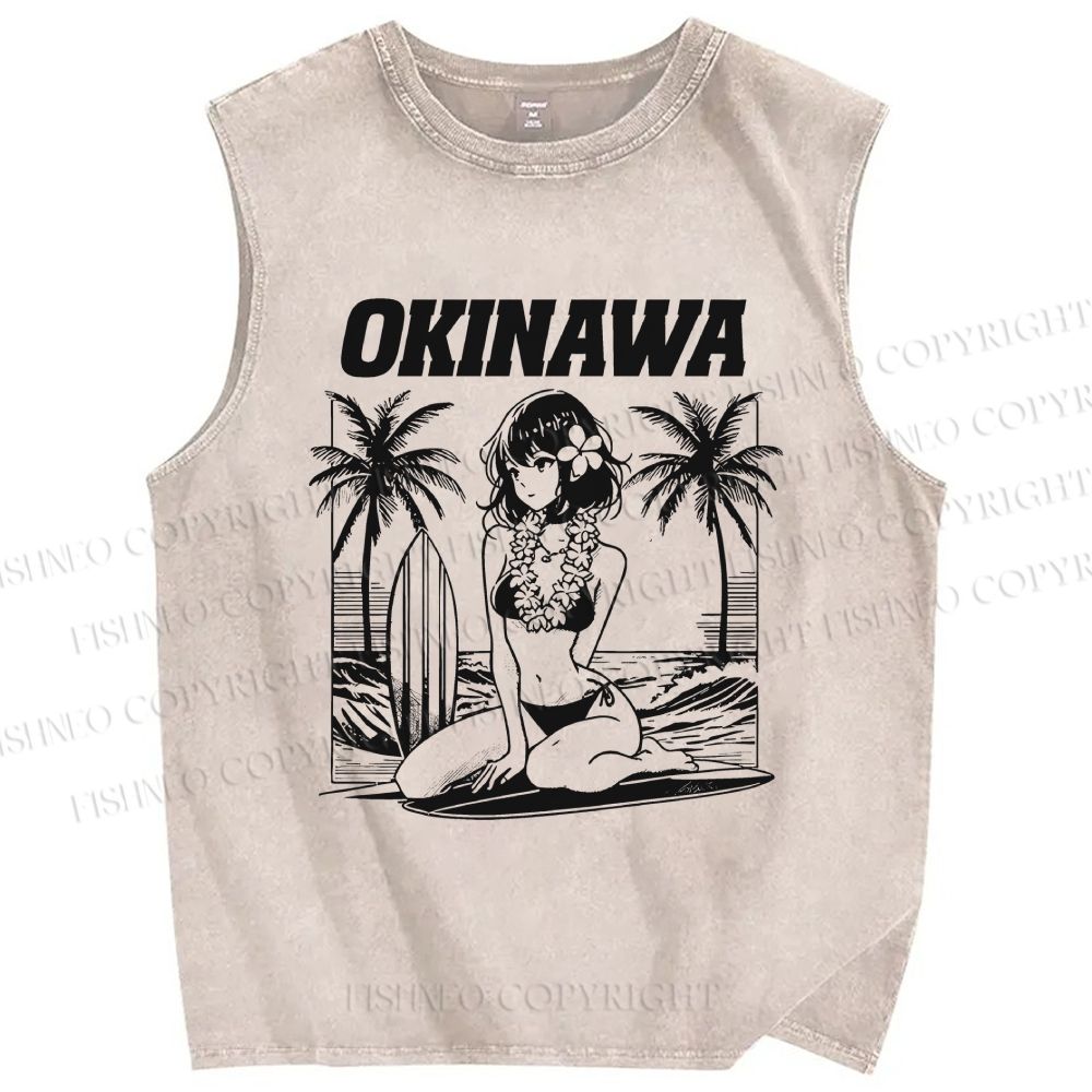 Unisex Okinawa Surf Printed Washed Tank Top