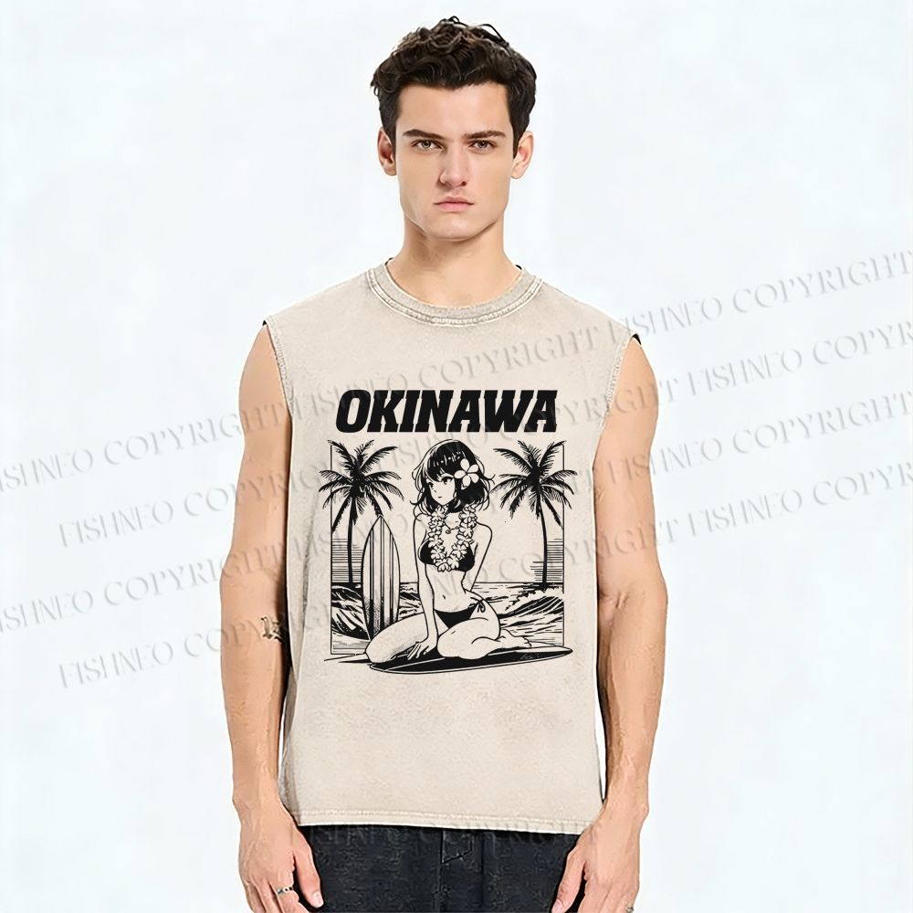 Unisex Okinawa Surf Printed Washed Tank Top