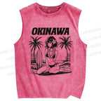 Unisex Okinawa Surf Printed Washed Tank Top