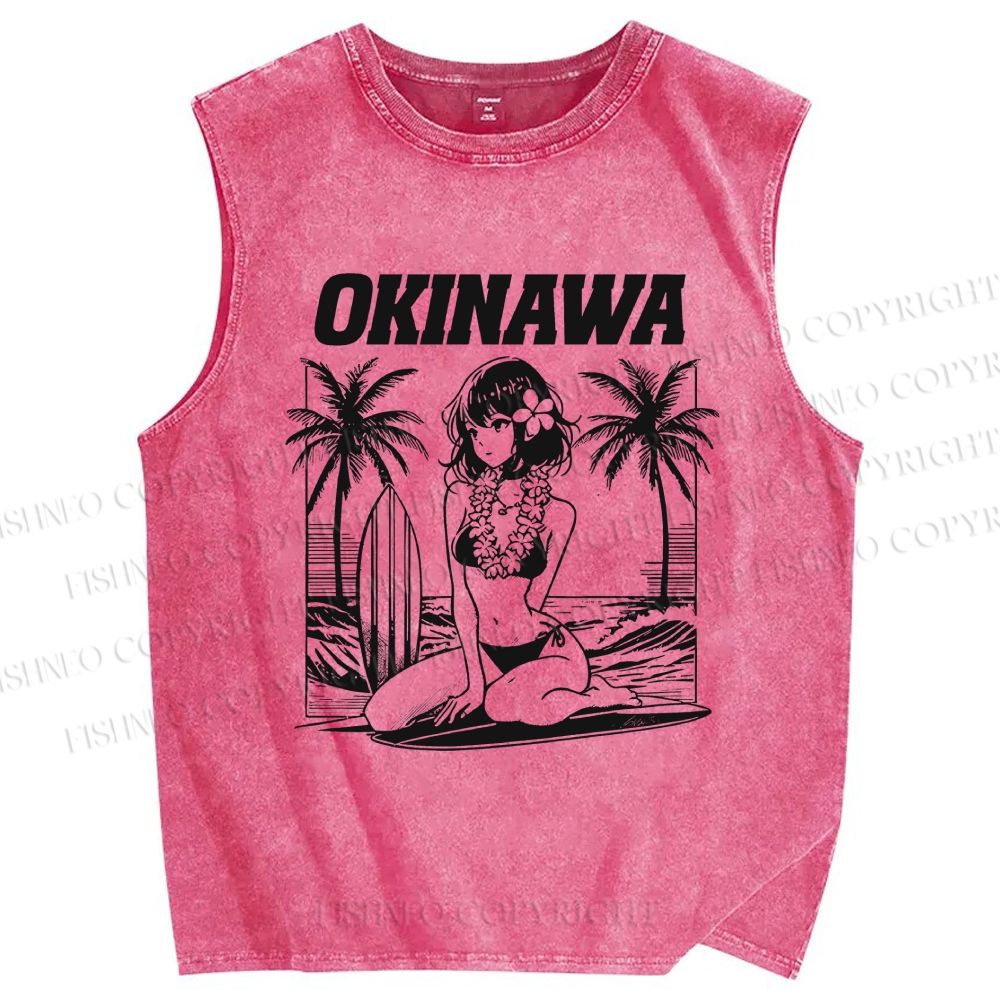 Unisex Okinawa Surf Printed Washed Tank Top