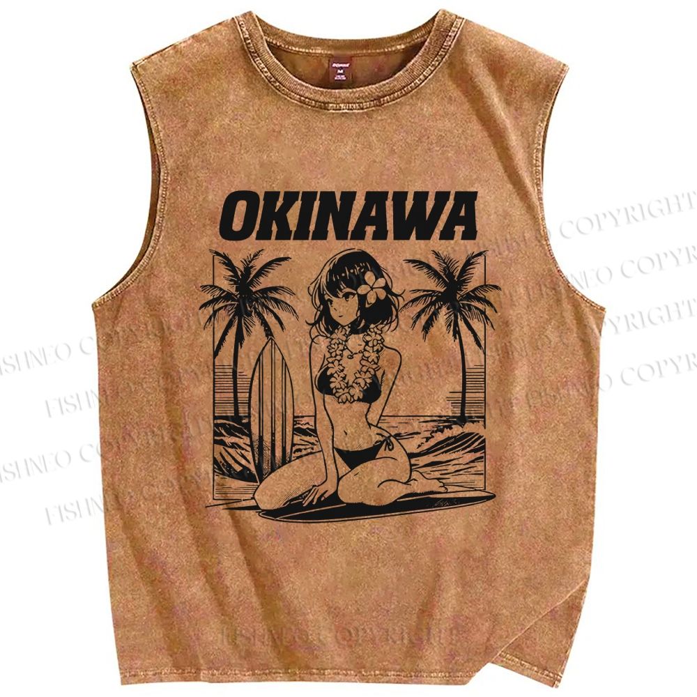 Unisex Okinawa Surf Printed Washed Tank Top