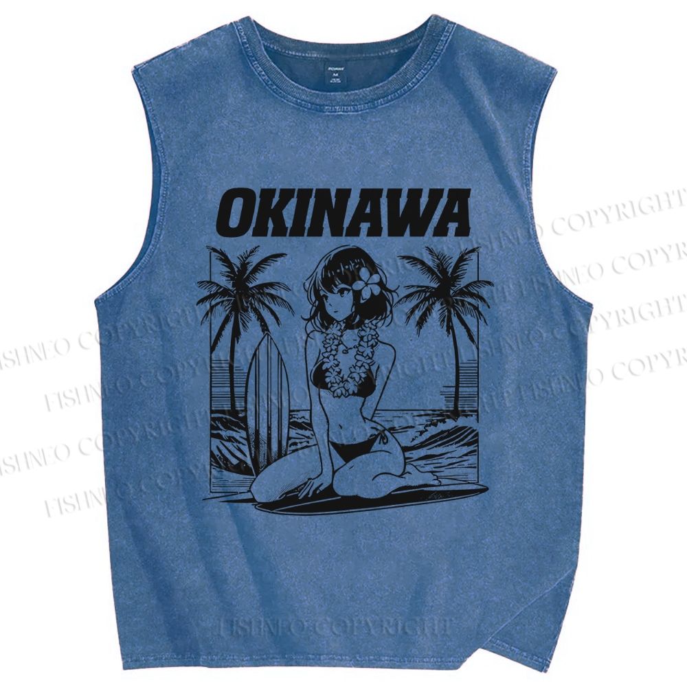 Unisex Okinawa Surf Printed Washed Tank Top