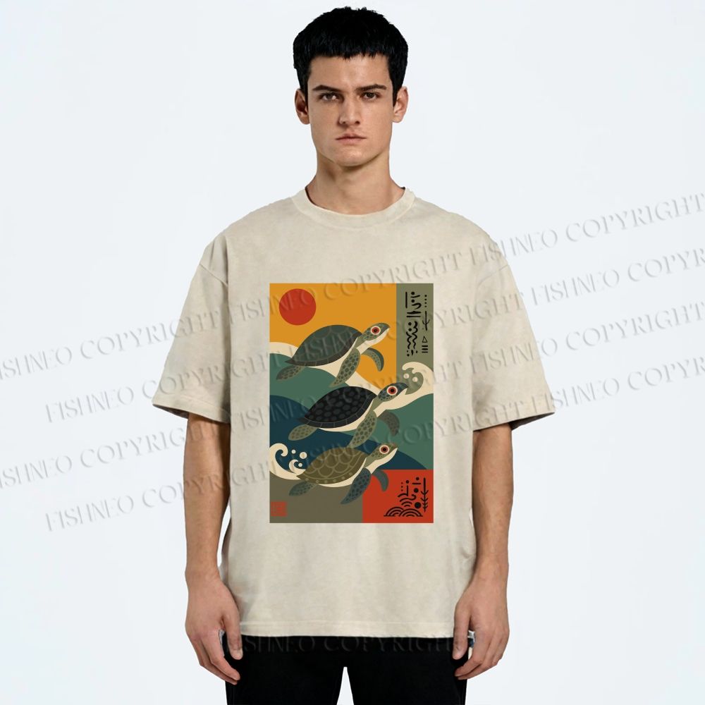 Unisex Sunrise Sea TurtlesPrinted Washed Tee