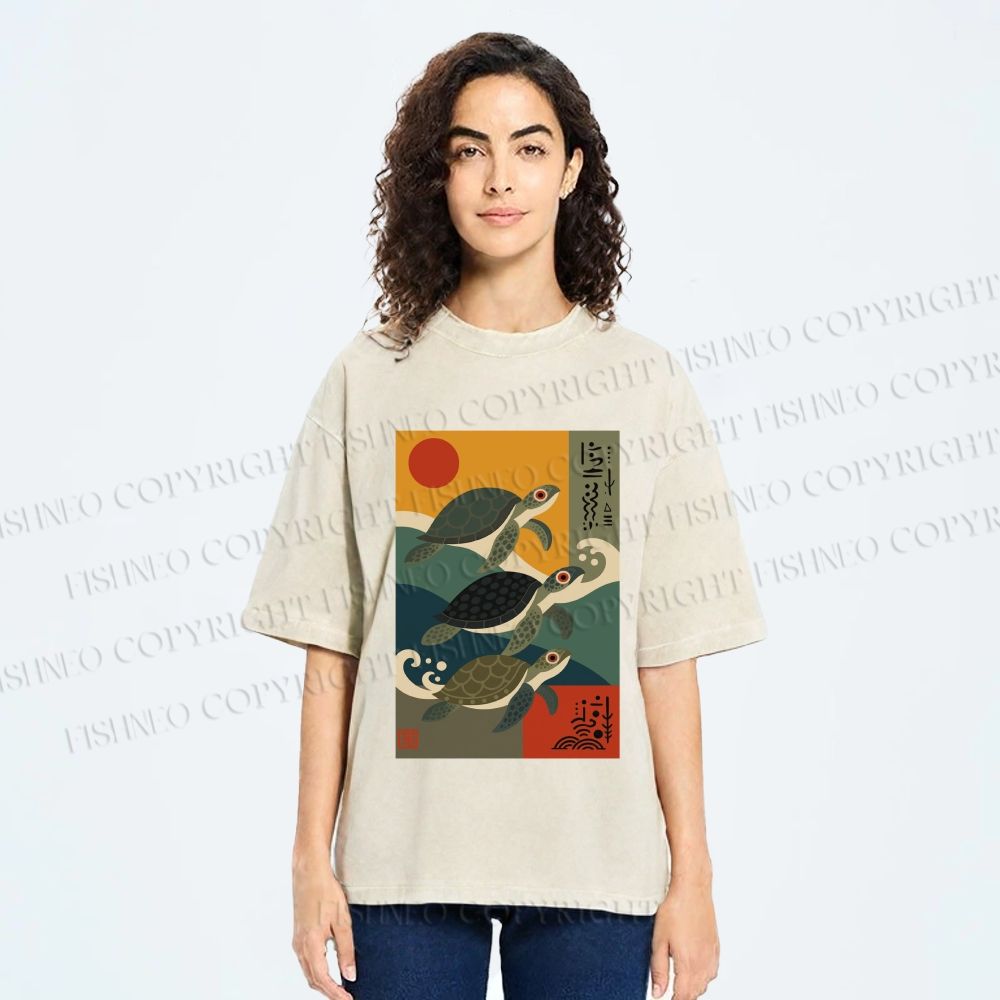 Unisex Sunrise Sea TurtlesPrinted Washed Tee