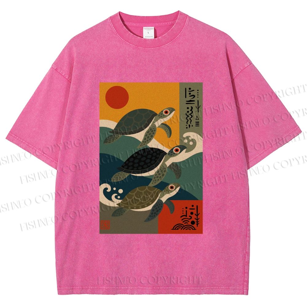 Unisex Sunrise Sea TurtlesPrinted Washed Tee