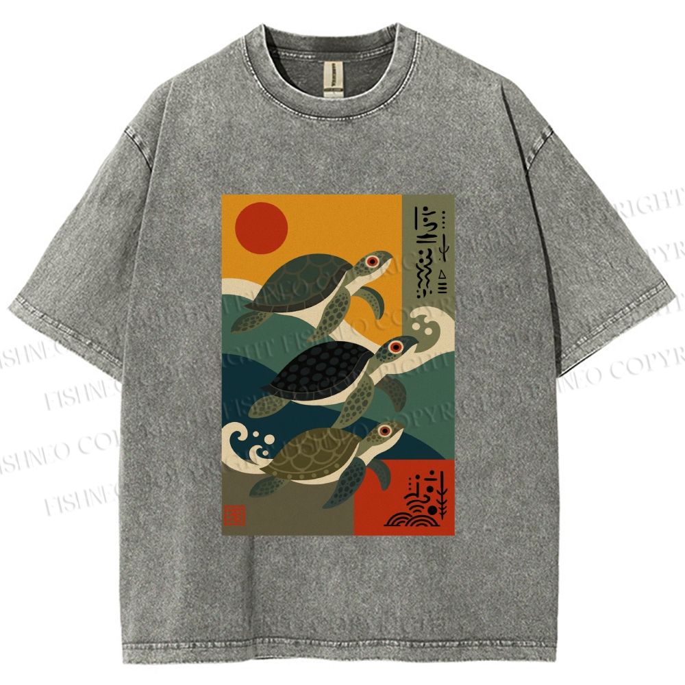 Unisex Sunrise Sea TurtlesPrinted Washed Tee
