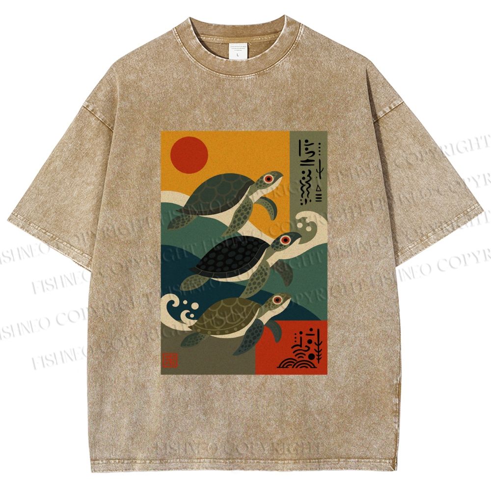 Unisex Sunrise Sea TurtlesPrinted Washed Tee
