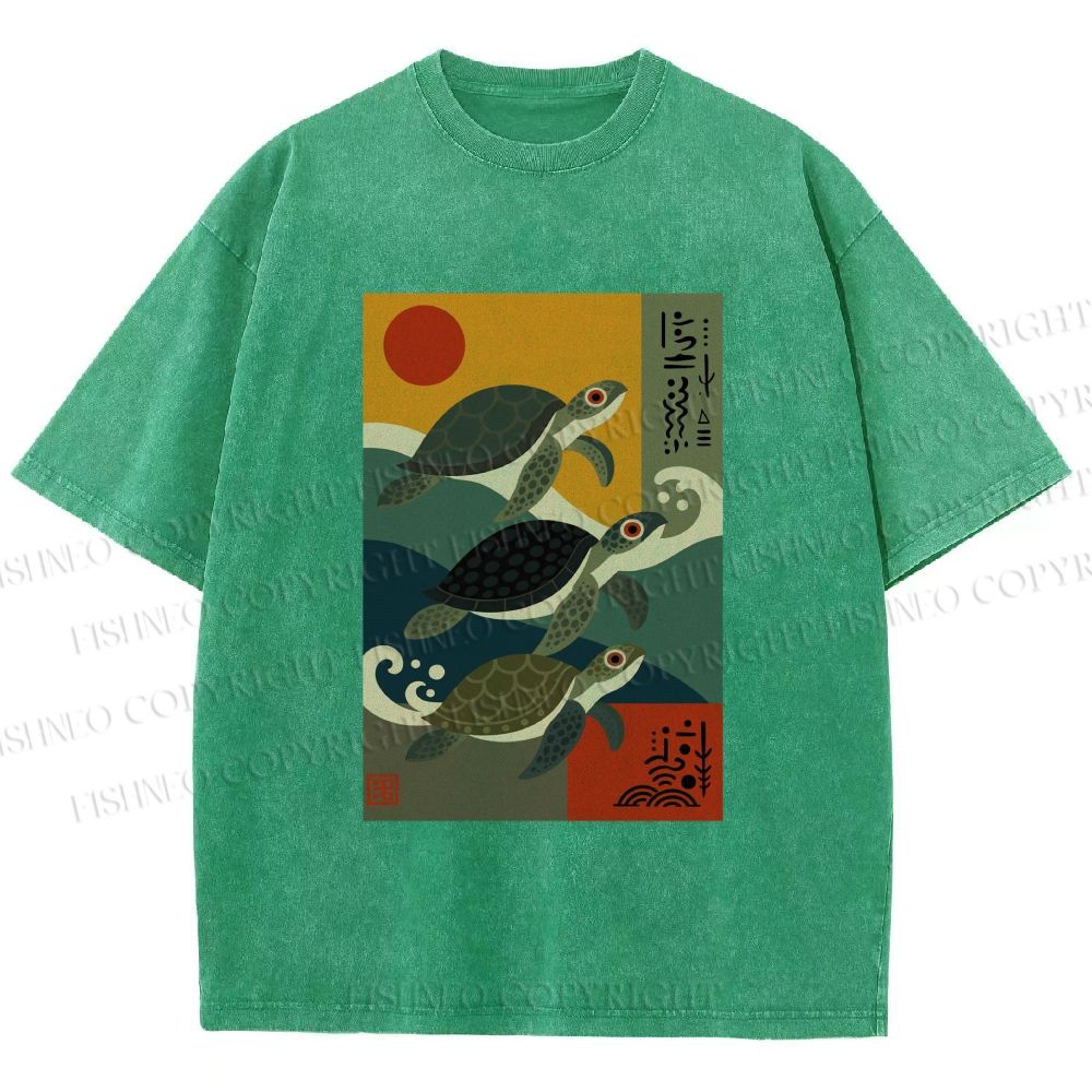 Unisex Sunrise Sea TurtlesPrinted Washed Tee
