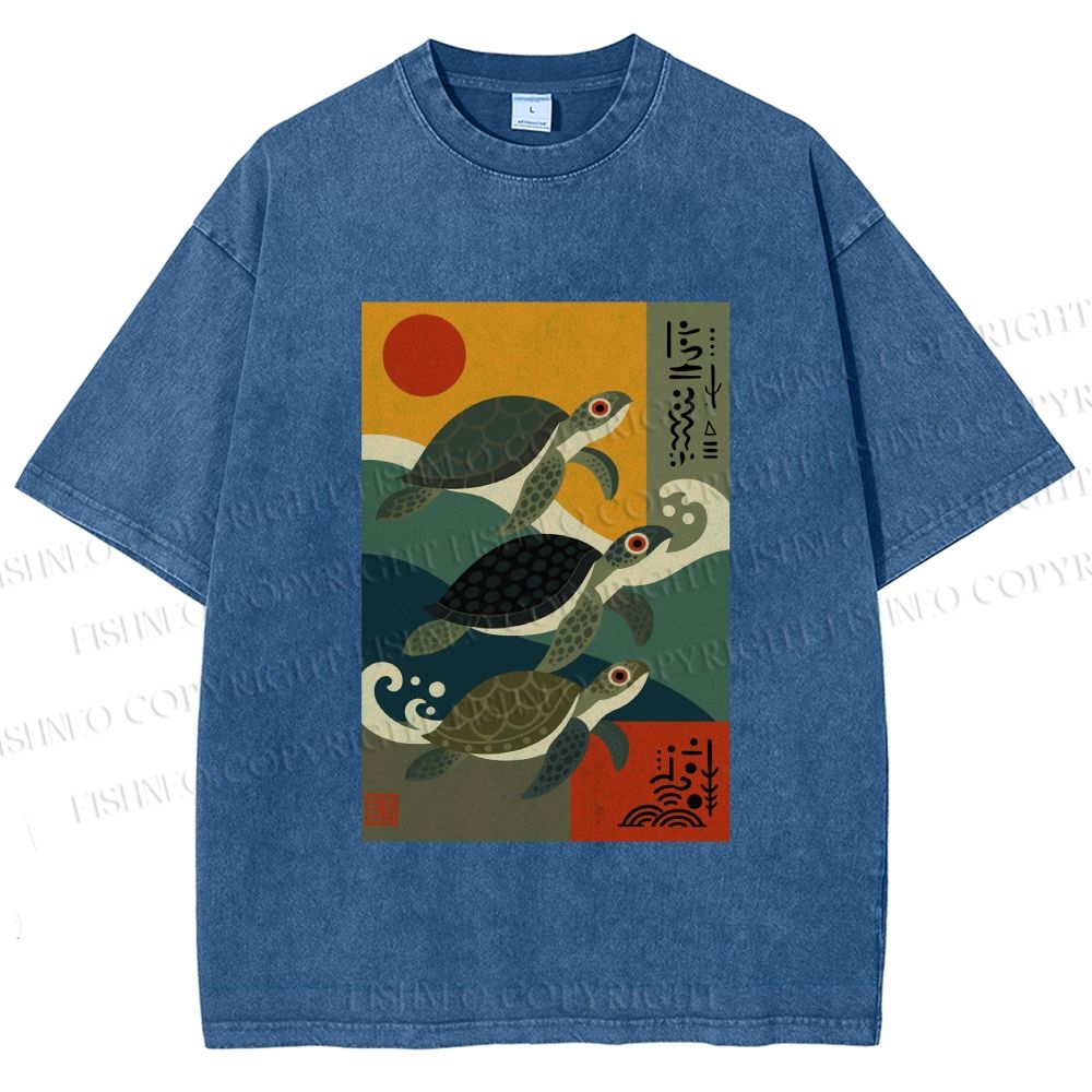 Unisex Sunrise Sea TurtlesPrinted Washed Tee