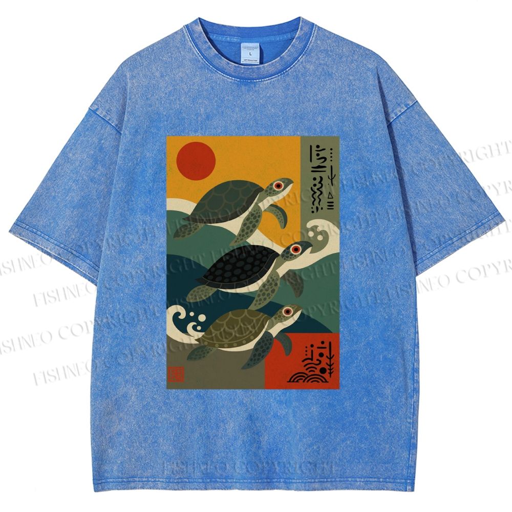Unisex Sunrise Sea TurtlesPrinted Washed Tee