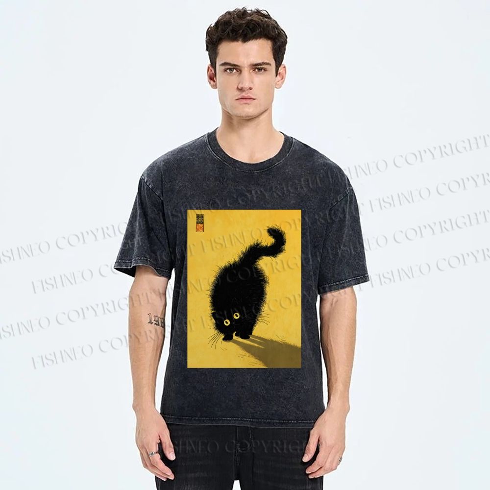 Unisex Fluffy Black Cat Printed Washed Tee