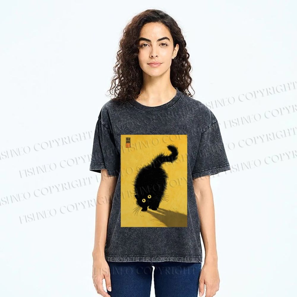 Unisex Fluffy Black Cat Printed Washed Tee