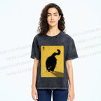 Unisex Fluffy Black Cat Printed Washed Tee