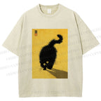 Unisex Fluffy Black Cat Printed Washed Tee