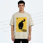 Unisex Fluffy Black Cat Printed Washed Tee