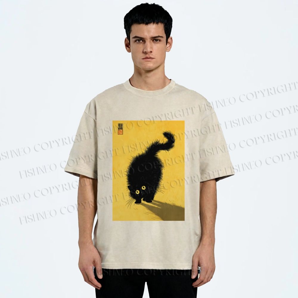 Unisex Fluffy Black Cat Printed Washed Tee