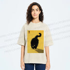 Unisex Fluffy Black Cat Printed Washed Tee