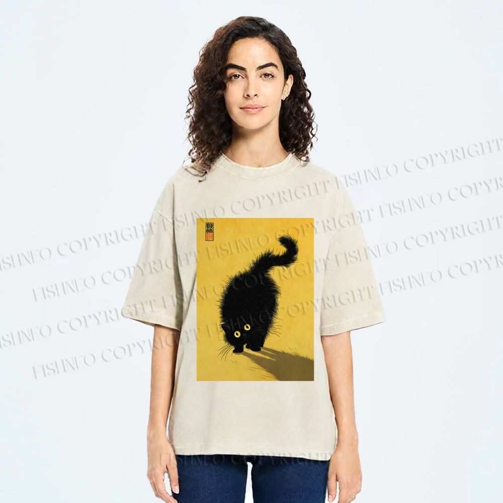 Unisex Fluffy Black Cat Printed Washed Tee