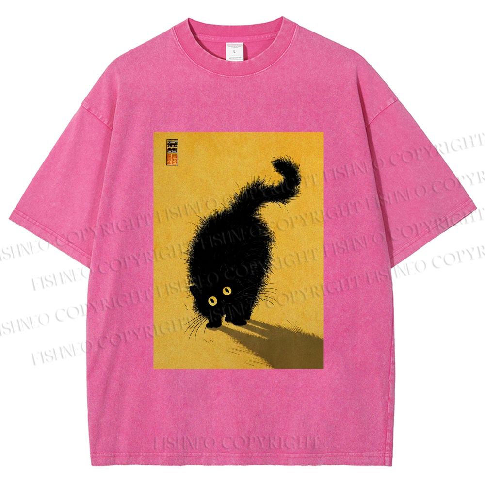 Unisex Fluffy Black Cat Printed Washed Tee