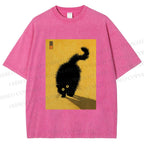 Unisex Fluffy Black Cat Printed Washed Tee