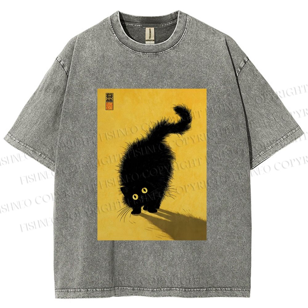 Unisex Fluffy Black Cat Printed Washed Tee