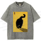 Unisex Fluffy Black Cat Printed Washed Tee