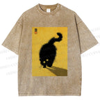 Unisex Fluffy Black Cat Printed Washed Tee