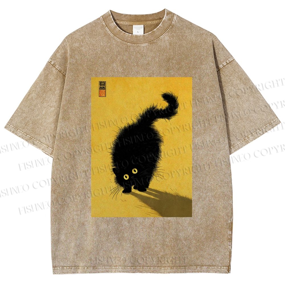 Unisex Fluffy Black Cat Printed Washed Tee