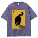 Unisex Fluffy Black Cat Printed Washed Tee