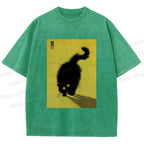 Unisex Fluffy Black Cat Printed Washed Tee