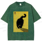Unisex Fluffy Black Cat Printed Washed Tee