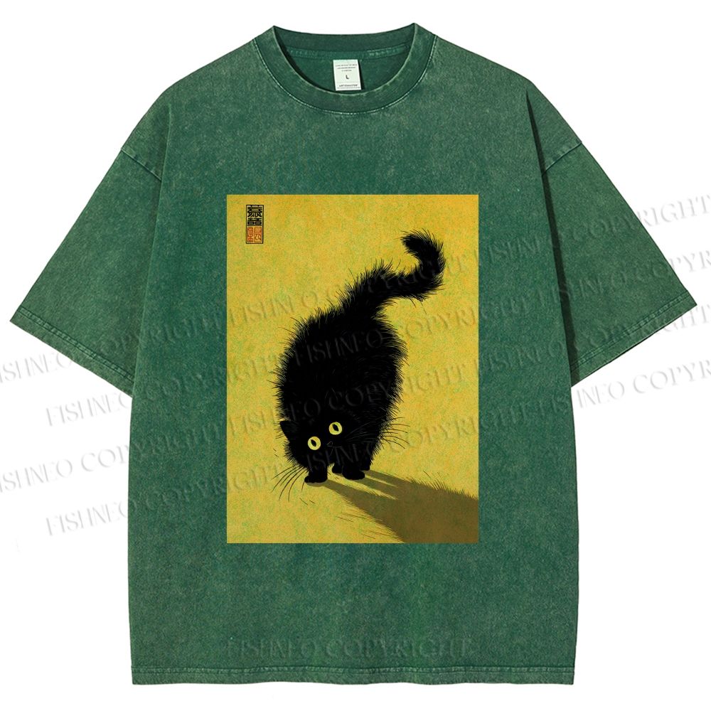 Unisex Fluffy Black Cat Printed Washed Tee