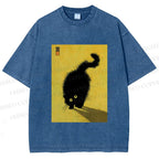 Unisex Fluffy Black Cat Printed Washed Tee
