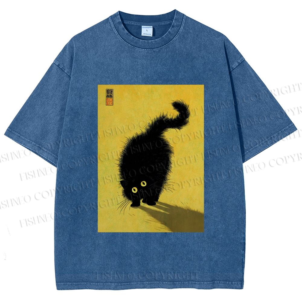 Unisex Fluffy Black Cat Printed Washed Tee