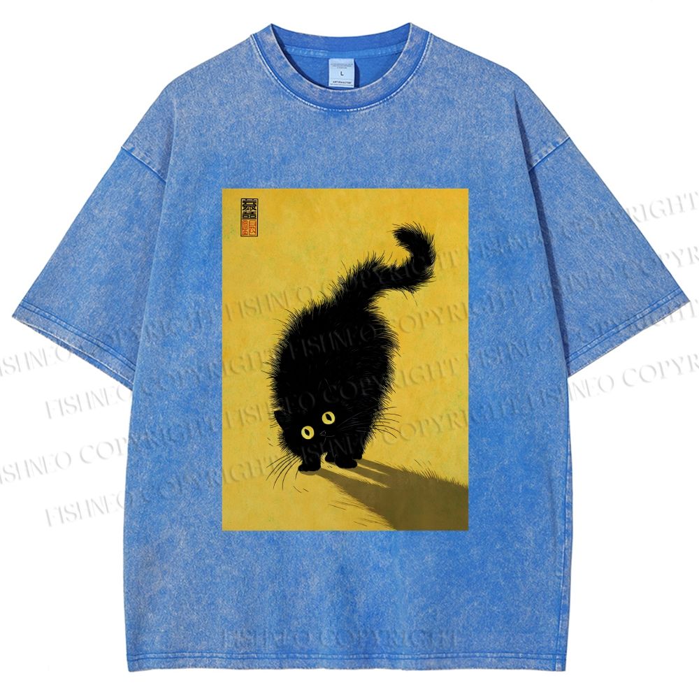 Unisex Fluffy Black Cat Printed Washed Tee