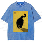 Unisex Fluffy Black Cat Printed Washed Tee
