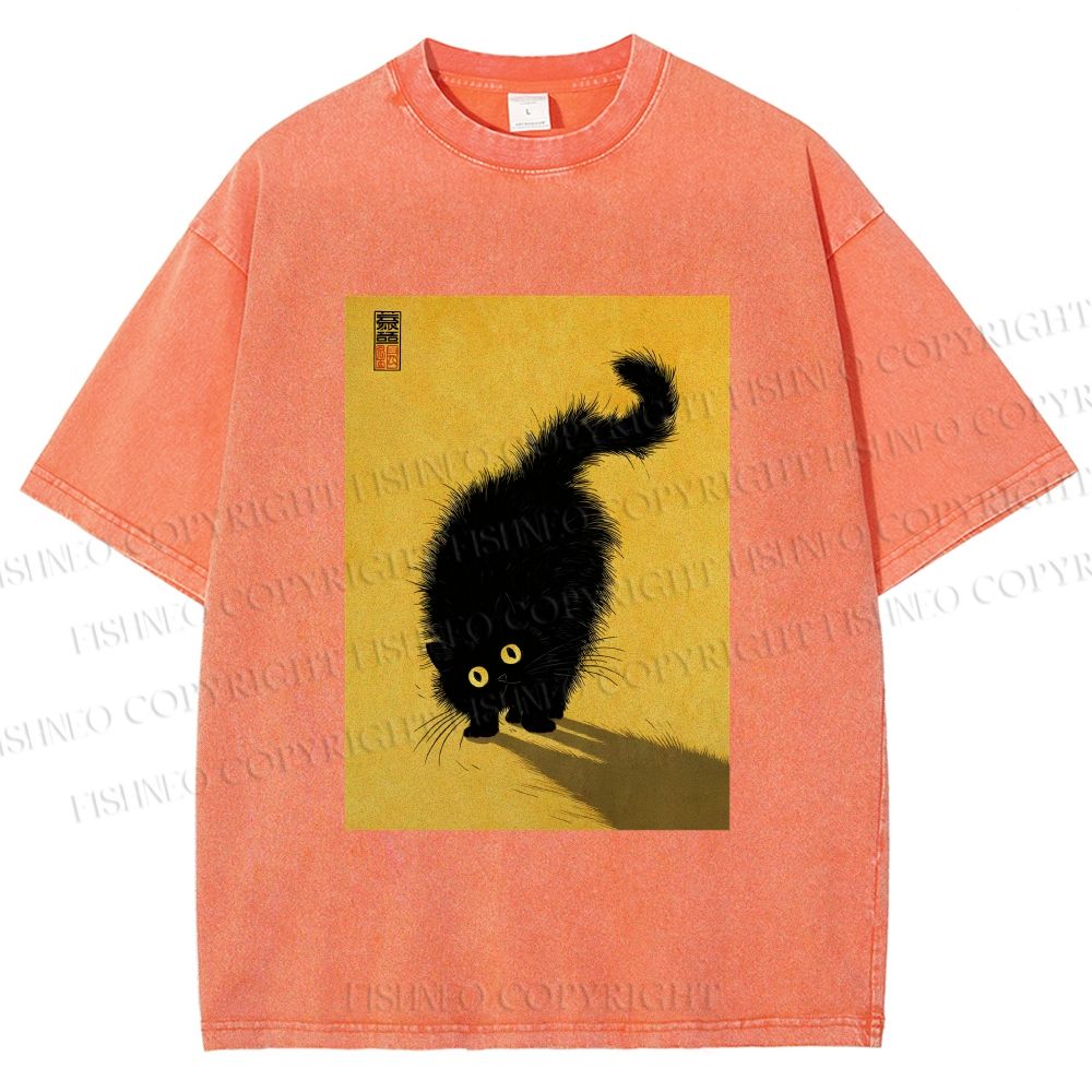 Unisex Fluffy Black Cat Printed Washed Tee