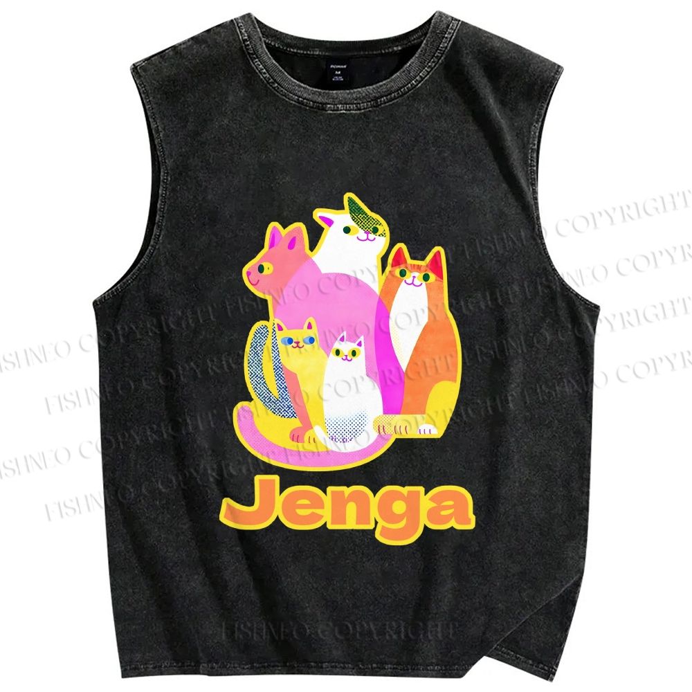 Unisex Cartoon Jenga Cats Printed Washed Tank Top