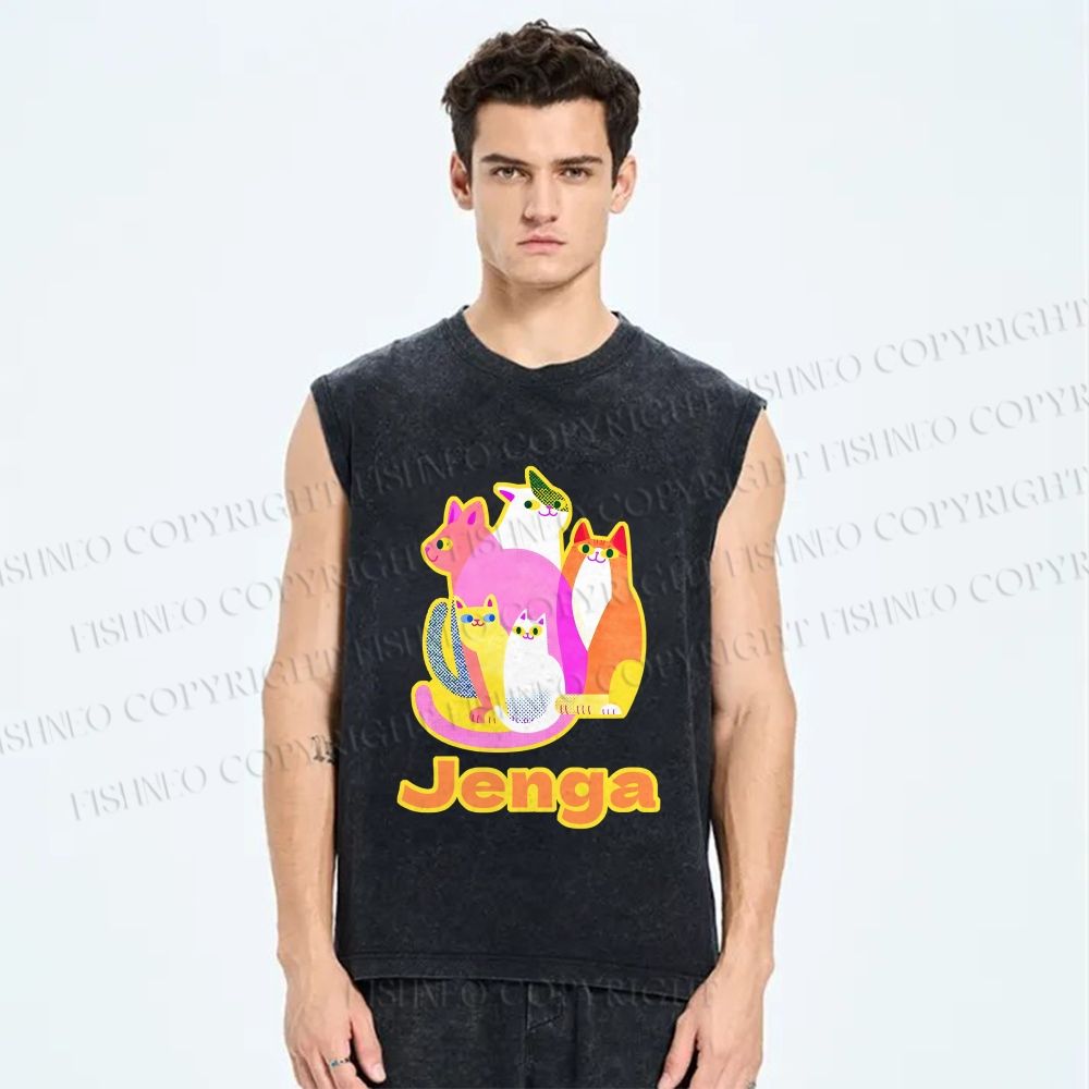 Unisex Cartoon Jenga Cats Printed Washed Tank Top