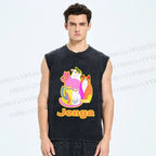 Unisex Cartoon Jenga Cats Printed Washed Tank Top