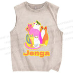Unisex Cartoon Jenga Cats Printed Washed Tank Top