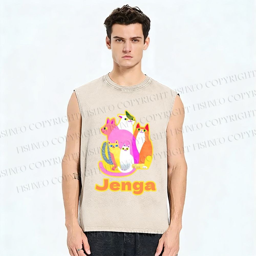 Unisex Cartoon Jenga Cats Printed Washed Tank Top