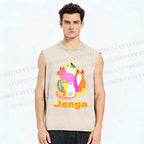 Unisex Cartoon Jenga Cats Printed Washed Tank Top