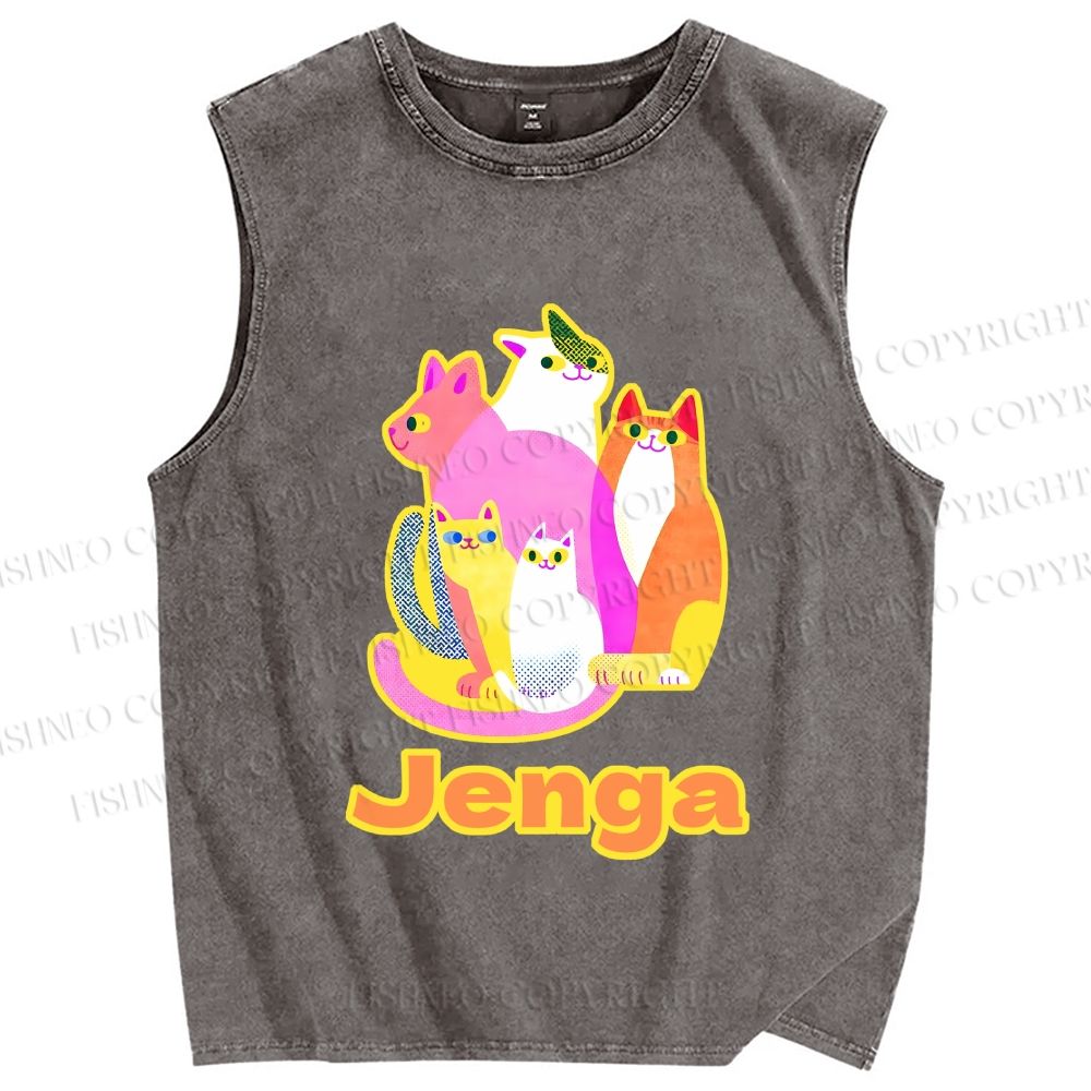 Unisex Cartoon Jenga Cats Printed Washed Tank Top