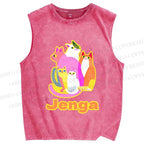 Unisex Cartoon Jenga Cats Printed Washed Tank Top