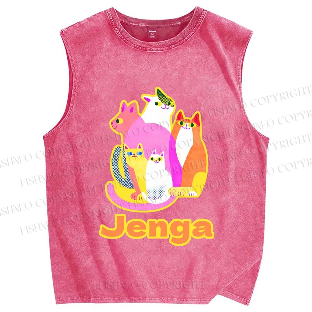 Unisex Cartoon Jenga Cats Printed Washed Tank Top