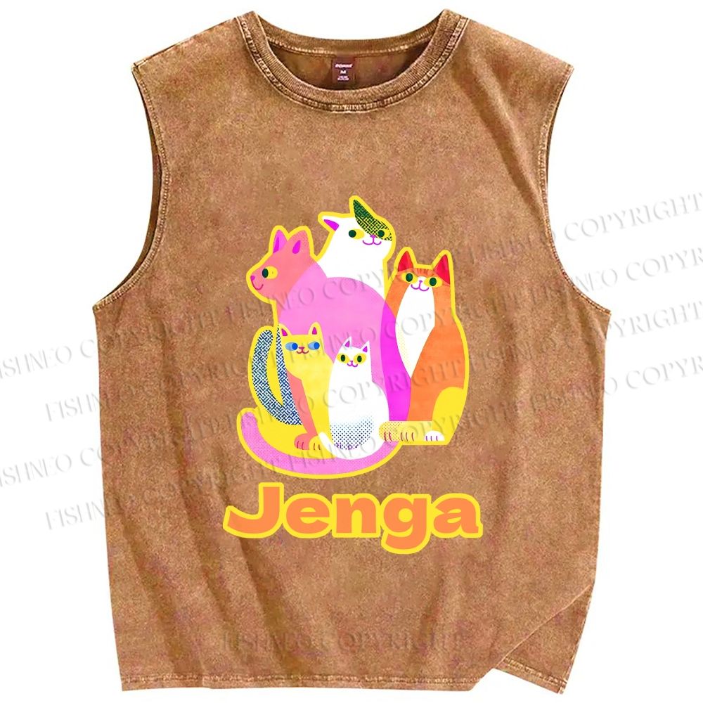 Unisex Cartoon Jenga Cats Printed Washed Tank Top