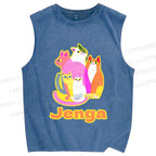 Unisex Cartoon Jenga Cats Printed Washed Tank Top