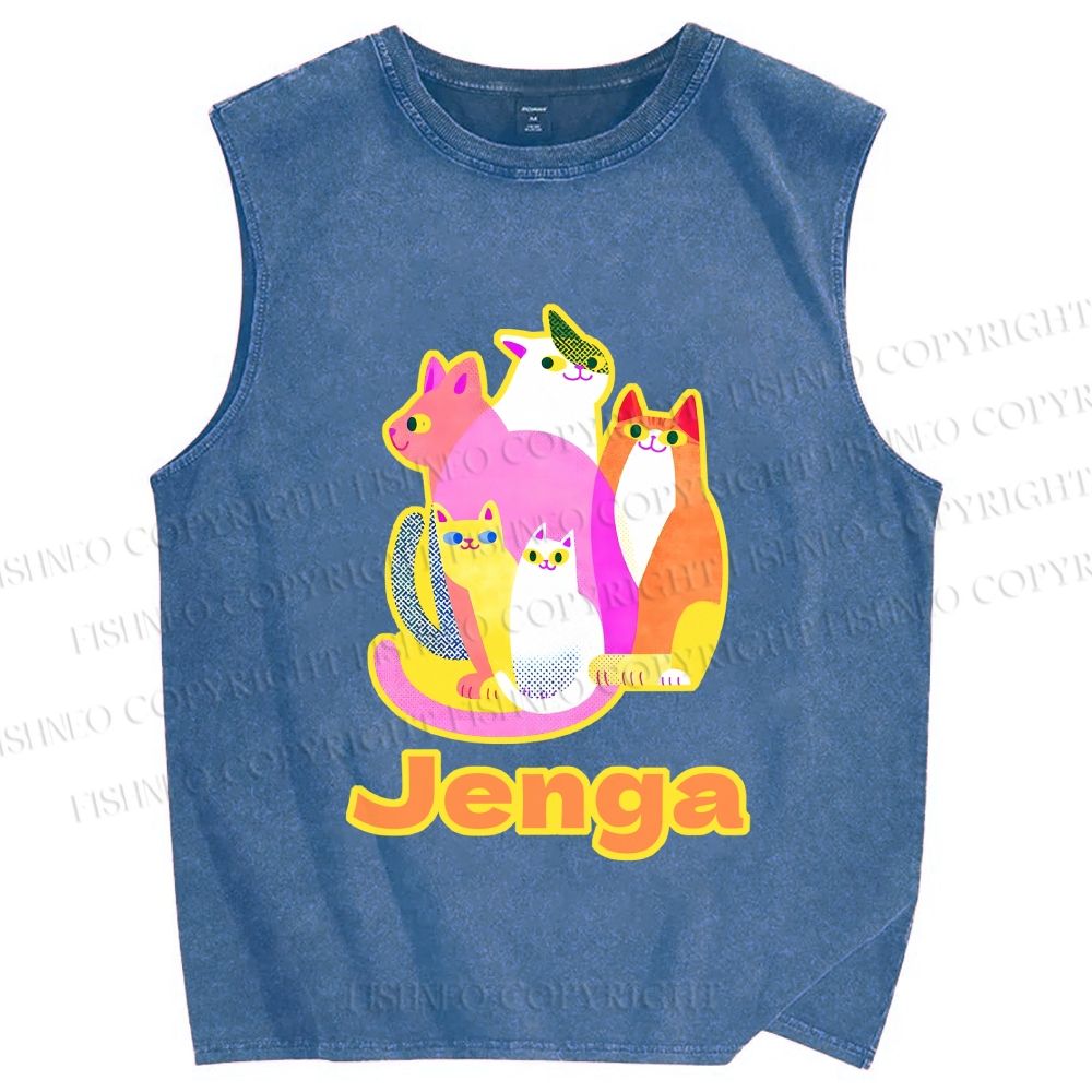 Unisex Cartoon Jenga Cats Printed Washed Tank Top