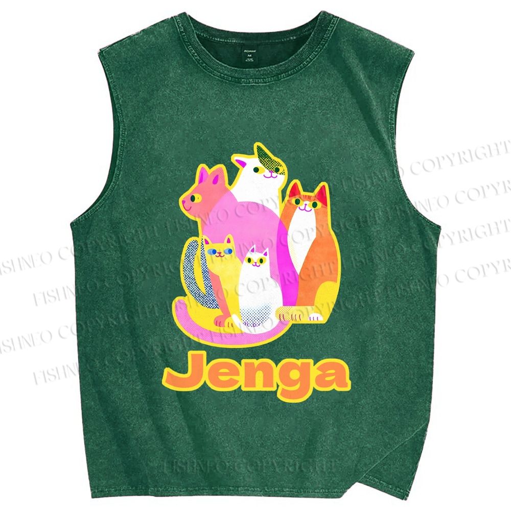 Unisex Cartoon Jenga Cats Printed Washed Tank Top